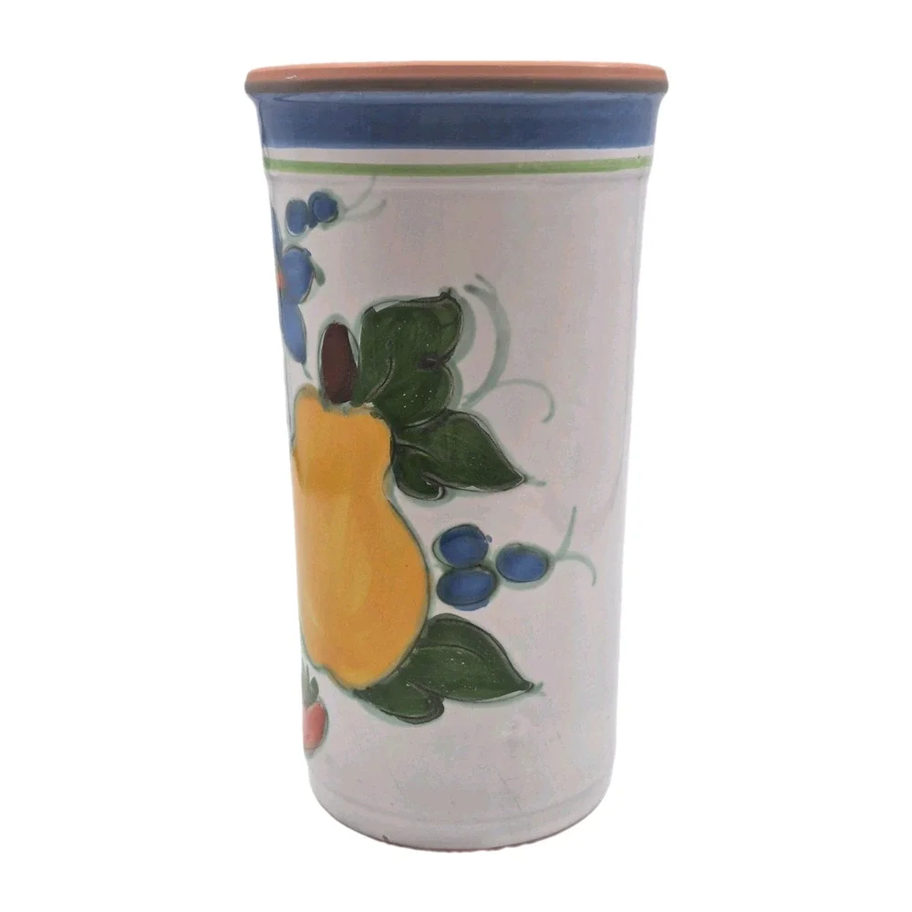 Vintage Handpainted Terracotta Art Pottery Wine Cooler Fruit Flowers 9.5